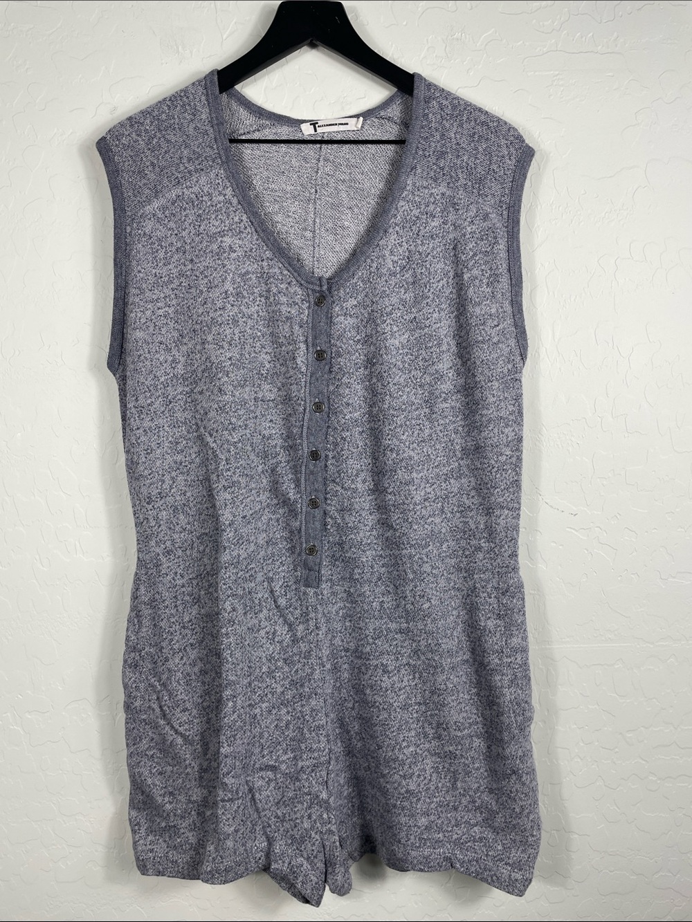 Sleeveless Henley Knit Romper in Heather Grey